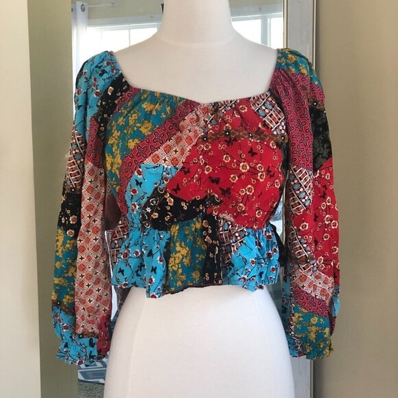 Off Shoulder Ruffle Patchwork Ruffle Crop Top Large - Picture 7 of 10